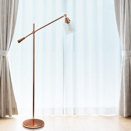 All The Rages Lalia Home Swing Arm Floor Lamp with Clear Glass Cylindrical Shade, Rose Gold LHF-5021-RG